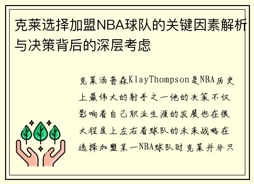 克莱选择加盟NBA球队的关键因素解析与决策背后的深层考虑